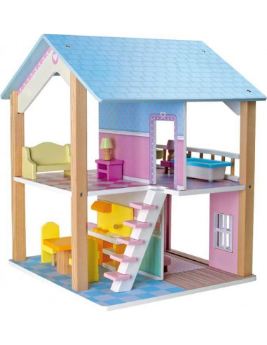Dřevěný domeček pro panenky modrá střecha